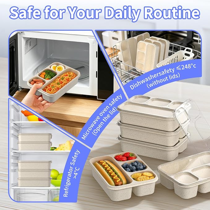 Bento Box 5-Pack, 4-Compartment Lunch Box for Women, Men & Kids, BPA-Free Wheat Straw Snack Containers, Ideal for Meal Prep, Travel, School, Work (White)