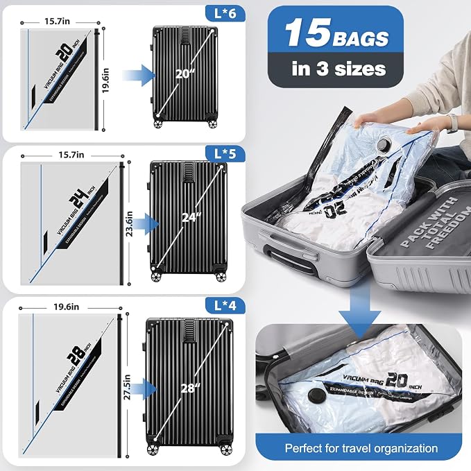 Vacuum Seal Bags for Clothing Travel with Rechargeable Electric Pump, Space Saver Vacuum Storage Bags Travel, Reusable Compression Bags for Luggage Home (15pcs,20/24/28)