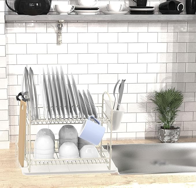 Simple Houseware 2-Tier Dish Rack with Drainboard, White