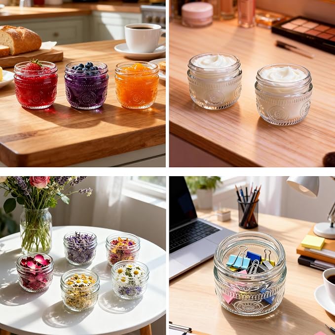 Amzcku 2 oz Vintage Mason Jars with Colored Lids, Regular Mouth Canning Jar, Safe For Storage, Canning, Pickling, Preserving, Fermenting, DIY Crafts & Decor 24 Pack