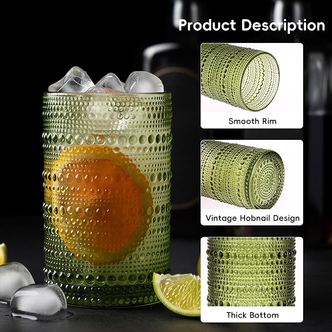 Moretoes Vintage Hobnail Drinking Glasses Set of 12,Green Water Glass Cups | Mixed Glassware Set, 6pcs 12oz Highballs and 6pcs 10oz Old Fashioned Glasses, Great for Cocktail, Whisky and Other Beverages