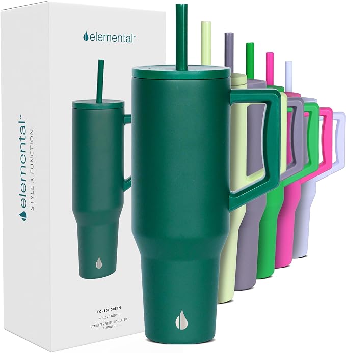 Elemental Spill Proof 40oz Insulated Tumbler with Handle & Straw Travel Mug | Stainless Steel Commuter Travel Coffee Mug for Cold Beverages, Includes 2 Straws & a Spill Proof Lid for Everyday Use