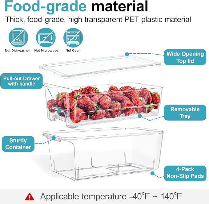4-Pack Stackable Fruit Storage Containers for Fridge | Pull-Out Drawer Organizer Bins, With Lids & Drain Tray, Keep Fresh, Removable Refrigerator Container for Berry, Veggie, Drink