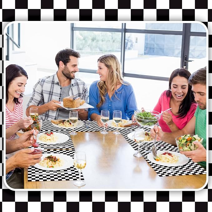 100 Pcs Checkered Paper Placemats Birthday Party Supplies Disposable Placemats for Kids Baby Shower Men Party Decorations Favors 11 x 17 Inch(Black, White)