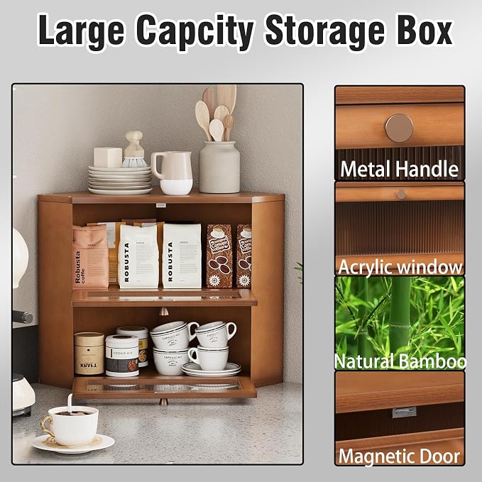 Trironsun Corner Bamboo Bread Box for Kitchen Counter Double Layer Bread Storage Container Large Capacity Bread Storage Bin with Wavy Arcylic Transparent Door (Brown)