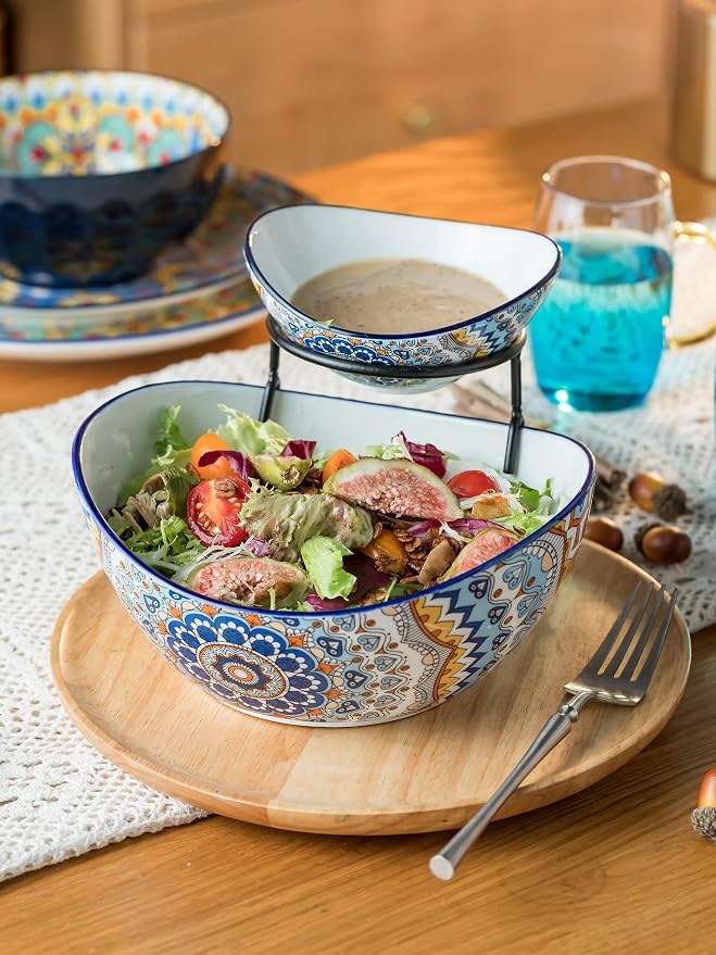 YHOSSEUN Chip and Dip Serving Set, 2 Tierd Serving Bowl Set | Ceramic Chip Dip Bowls Platters with Stand, Serving Dishes for Entertaining Appetizer Serving Food Display Stand for Parties