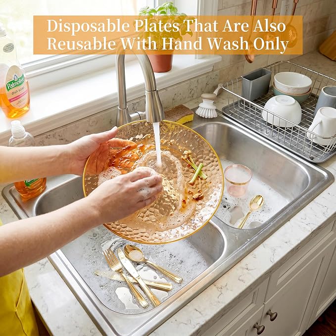 DaYammi 175PCS Clear Orange Plastic Dinnerware Set, Plastic Plates Disposable Hammered Disposable Plates for Party, Include: 25 Dinner Plates 25 Dessert Plates 75 Gold Silverware 25 Napkins 25 Cups