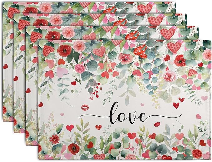 Valentines Day Love Heart Rose Placemats Set of 4 Valentine Eucalyptus Leaves Linen Table Mats Heat 12x18 Inch Spring Resistant Washable Table Mats for Kitchen Dining Decoration