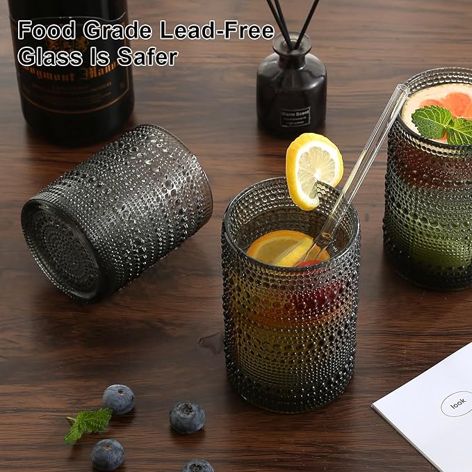 ZMOWIPDL Drinking Glasses Set of 12,Grey 12oz & 15oz Hobnail Glass Cups | Vintage Glassware，Embossed Water Tumbler,for Beer,Cocktail,Whiskey,Juice and Various Mixed Drinks- 1 Cleaning Brush