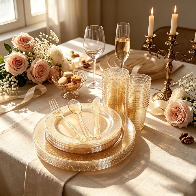150Pcs Gold Disposable Plates,Gold Glitter Dinnerware Set for Party | Gold Plastic Plates Set Include 25 Dinner Plates 10.25’’, 25 Dessert Plates 7.5’’, 25 cups 10 oz, 75 Plastic Silverware Set