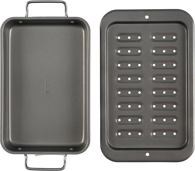 GoodCook Everyday Broiler Baking Pan with Built-in Handles Nonstick Warp-Resistant Heavy-Gauge Steel Construction Even-Heating Oblong Pan with Drip Rack, 7"x11", Gray (Pack of 4)
