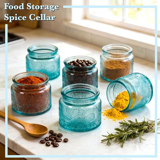 4 oz Decorative Small Glass Jars with Airtight Bamboo Lids, Blue 6 Pack | Vintage embossed color coated containers, kitchen pantry bathroom organization & decor, spices, DIY gifts, candle making