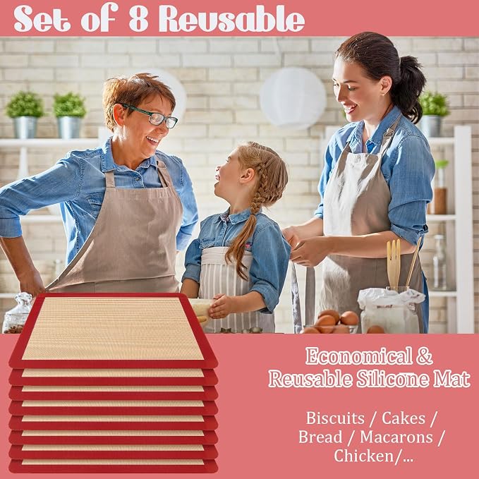 Nuanchu 8 Pieces Silicone Baking Mat Non-stick Silicone Baking Half Sheet 16.5'' x 11.6'' Silicones Cookie Sheet Easy Clean Oven Cookie Liner for Oven Making, Macaroon, Bread Pastry(Red)