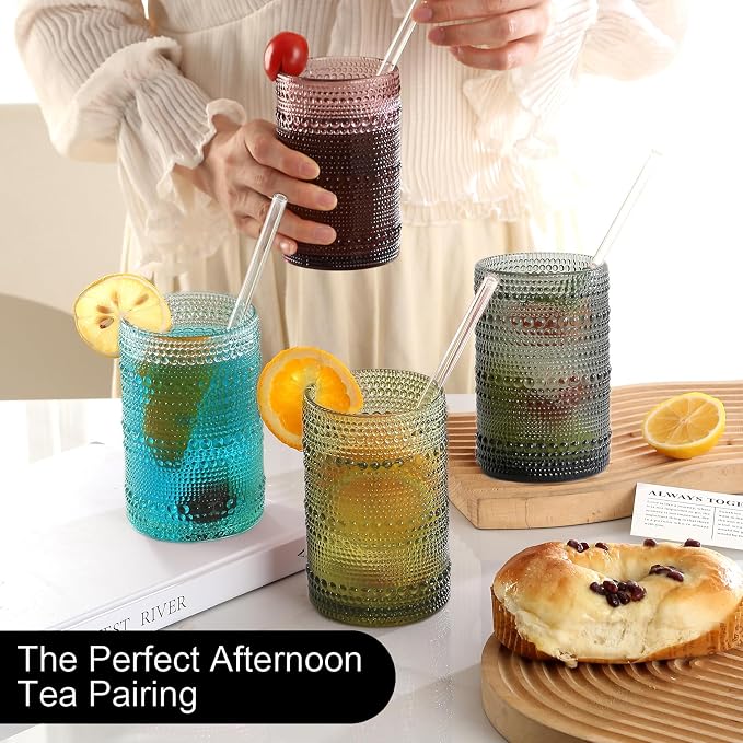 KMIGRUAN Colored Hobnail Drinking Glasses Set of 12,15oz&12oz Vintage cups | Embossed Beaded Water Tumbler for Cocktail, Juice and Various Mixed Drinks,Vintage Glassware Dishwasher-Safe