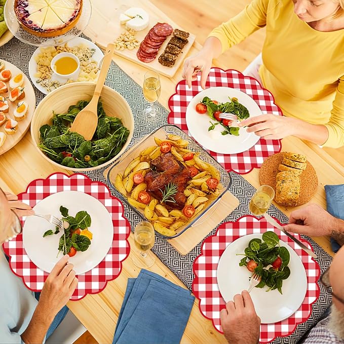 50Pcs Checkered Paper Placemats Red Gingham Place Mats 13.5 Inch Scalloped Checkered Place Mats Disposable Table Placemats for Baby Showers Wedding Birthday Tea Parties Dinner Table Decorations