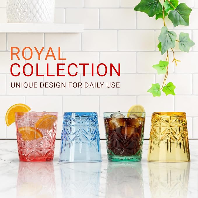 Bravario Royal Plastic Drinking Glasses,13 oz Set of 6, Plastic Cups Reusable Dishwasher Safe, Premium Juice & Water Tumblers for Home Kitchen Pool Party, Great Gift, BPA-Free Durable Mixed Colors