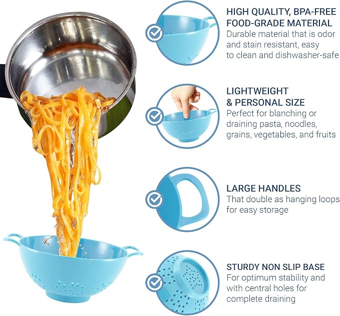 Meadow Lane 6-Inch Small Colander, 3-Cup Food Strainer, Light Blue | BPA-free, dishwasher-safe mini colander has a wide, shallow bowl, 1/8-inch holes, two handles, ring foot and smooth edges.