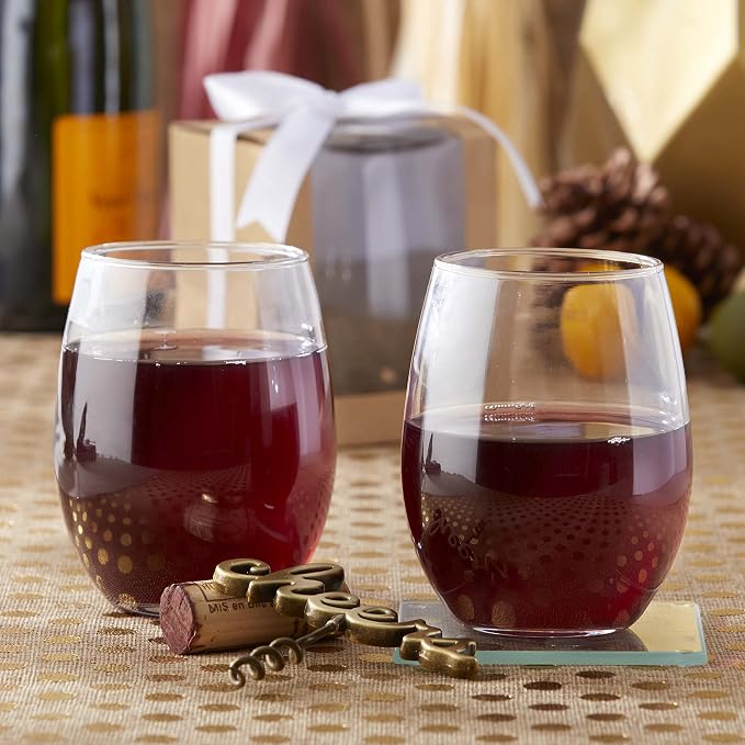 Kate Aspen 9 oz Stemless Drinkware Set of 12 - Clear Glass Cups for DIY Crafts, Party Favors, Bridal Events, Red or White Stemware, Small Tumblers, Decorative Barware, Unique Table Gifts