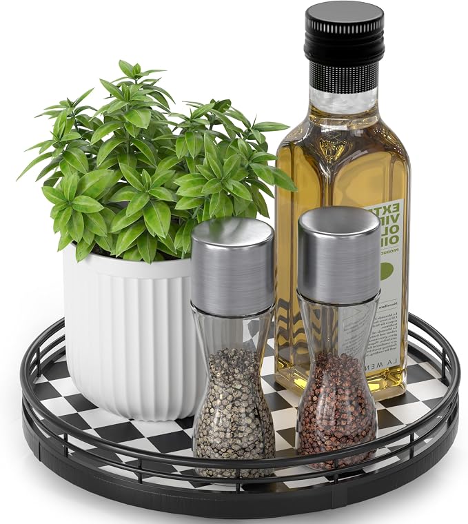 AMH 9-Inch Black and White Checkerboard Lazy Susan with Oak Base | Smooth rotating oak tray with walnut finish for dining tables, kitchen counters, pantries and cabinet storage.