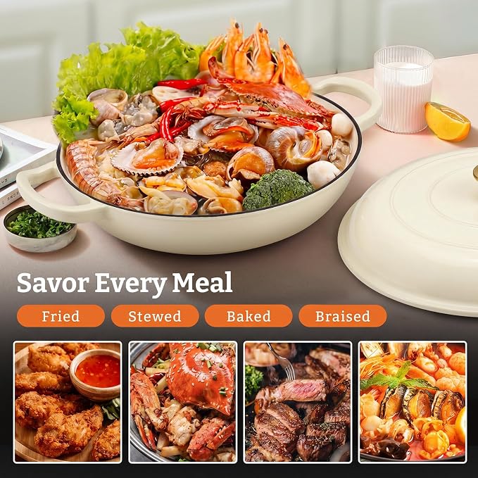 Cast Iron Dutch Oven–3 Layers Enameled Shallow Braiser & Casserole Pot with Lid, Even-Heating, Stovetop & Oven Safe to 500°F, 3.8 Quart for Family & Parties Meals(White)