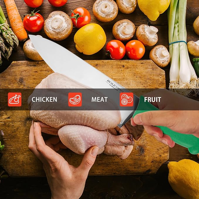 10" Professional Chef Knife, High Carbon Steel, Ergonomic (Green) | 10" High Carbon Stainless Steel,Versatile wide-blade chef knife,Non-Slip Ergonomic Handle,Durable, Stain-Resistant & Sharp.