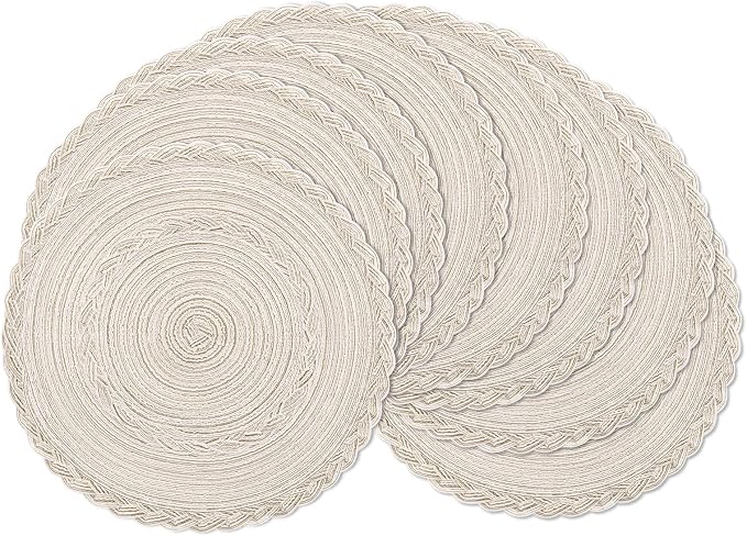SHACOS Boho Round Placemats Set of 8 Braided Border Round Place Mats 15 inch Washable Dining Table Mats for Home Wedding Holiday Party (Ivory Bordered, 8)