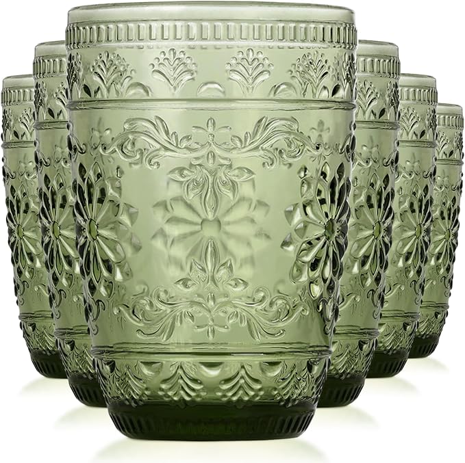 abrwyy Green Drinking Glasses, Vintage Glassware, 14oz Green Glass Cups | Lead-Free Glass, Thick&Durable Glass, Home Decoration, Drinking Glasses Set of 6