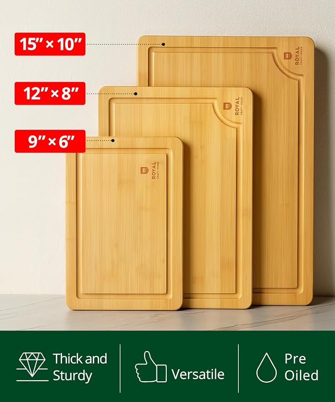 ROYAL CRAFT WOOD Cutting Boards for Kitchen - Chopping Board Set of 3 - Wooden Cutting Boards for Meal Prep & Serving - Bamboo Wood Cutting Board Set - Charcuterie & Chopping Butcher Block for Meat