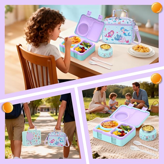 Bento Box for Kids, Leakproof Kids Lunch Box with 8.5OZ Thermo Food Jar & Lunch Bag, 3-4 Compartments Toddler Insulated Lunch Box for Girls, BPA Free Lunch Containers for School Daycare