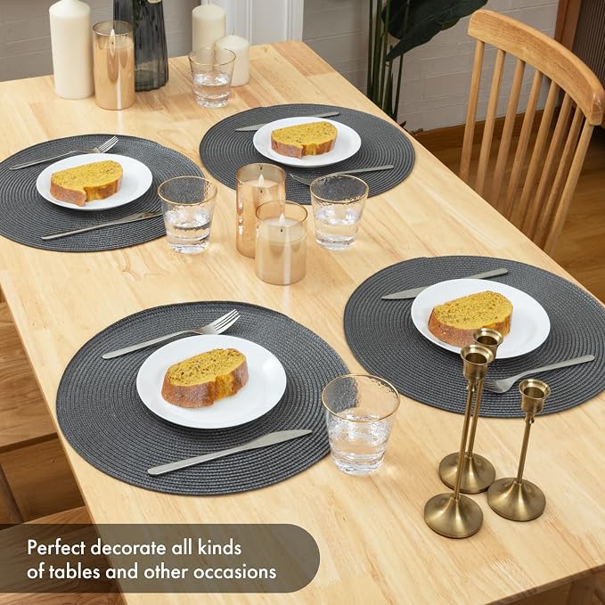 Winknowl Round Braided Placemats Set of 6 Washable Woven Heat Resistant Table Mats for Kitchen Dining Tables 15 inch Round Place Mats (Dark Gray,6pcs)