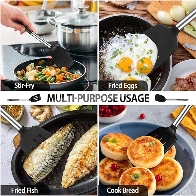 Large Silicone Cooking Spatulas and Spoons, BPA Free, 4 Pack (Black) | Slotted & Solid Stainless Steel Cooking Utensils Set, Non-stick Heat Resistant Kitchen for Baking, Fried, Stir-Fry, Serving