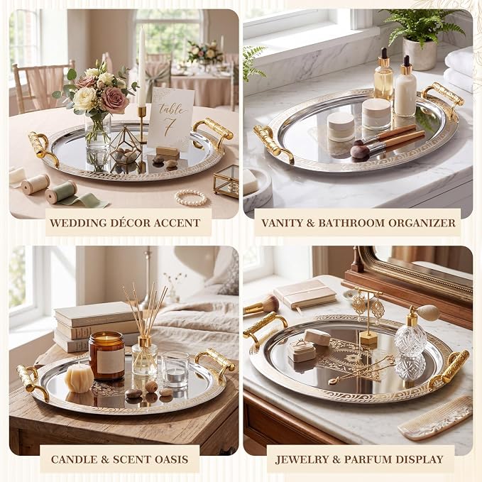 3 Pack Metal Serving Trays with Handles, Decorative Floral Platter Trays for Coffee Tea, Food, Dessert, Jewelry, for Buffet Wedding Party Kitchen Home Decor(Round,Silver, Gold)