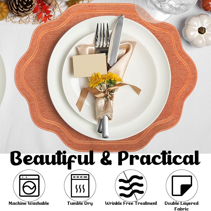 6 Pcs Orange Wedding Placemats Scalloped Embroidered Cotton Linen Placemats 17" x 13" Double Layered Machine Washable Table Place Mat for Party Table Decor (Cotton)