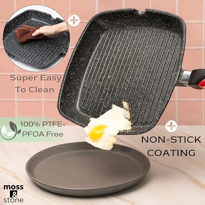 Moss & Stone Grill Pan for Indoor Cooking, 11" Nonstick Square Grill Pan | Aluminum Versatile Induction Griddle Pan for Gas, Electric & Ceramic Stovetops, Skillet with Pour Spouts