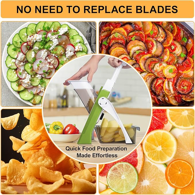 Safe Mandoline Slicer for Kitchen, Vegetable & Food Cutter (Only Slice) | Thickness Adjustable 0.1-8 mm, Potato Slicer for Chips, Easy to Clean, Storage, Kitchen Faster Slice, Dishwasher-safe (Green)