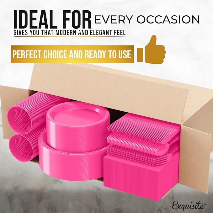350 Pcs Cerise Plastic Plates For Party, Cerise Disposable Plates Set, 50 Of Each 9" Dinner Plate Set, 7" Dessert Plate, Cups, Napkins & Cutlery Plastic Dinnerware Set Exquisite