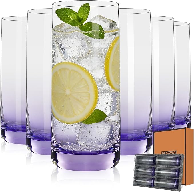 Purple Highball Glasses Set of 6, Drinking Glass for Mixed Drink | 13oz ,Cups for Cocktail, Beer, Mojito, Water and Juice,Thick Tall Glassware for Kitchen, Restaurant, Home Bar and Parties