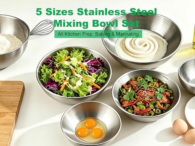 5 Pcs Stainless Steel Mixing Bowls,Dishwasher Safe,Food Grade 304,Silver,Salad Prep & Cooking