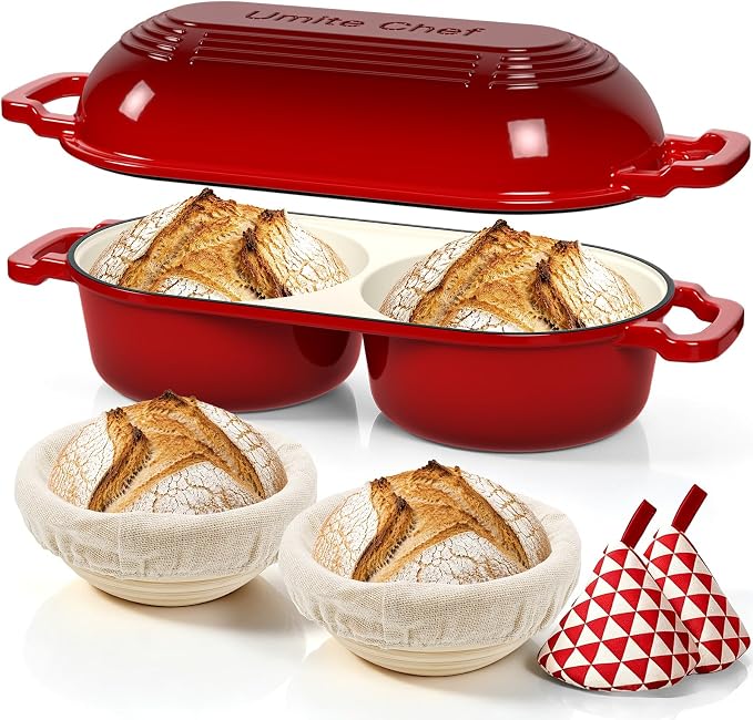Umite Chef Dutch Oven for Bread Baking–Enamelled Cast Iron Dutch Oven Pot with Lid – 500°F Oven Safe–Double Round Loaf Bread Pan with 5" Banneton Proofing Baskets for Homemade Bread, Meatloaf, Cake