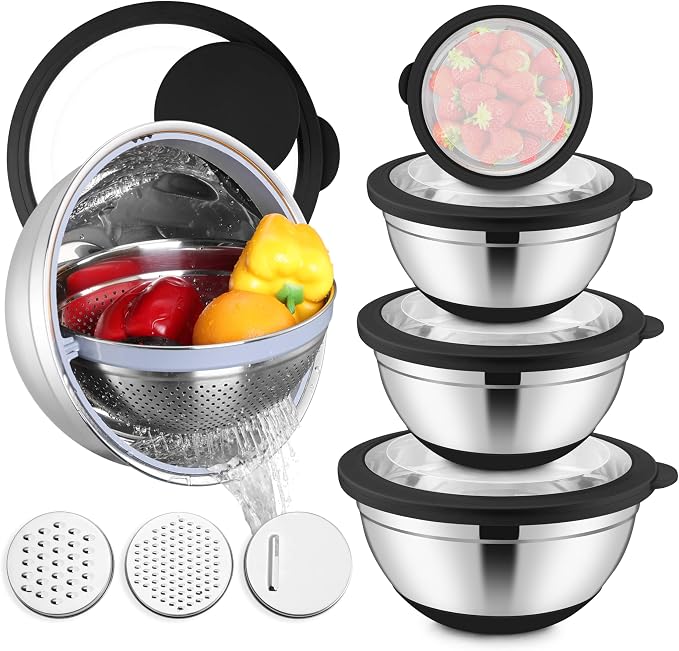 E-far Stainless Steel Mixing Bowls with Lids & Colander, 15PCS | Nesting Mixing Bowl with Non-Slip Bottom & 3 Metal Grater, For Kitchen Prep Baking Storage, 4.6, 3, 1.5, 1, 0.7QT, Black