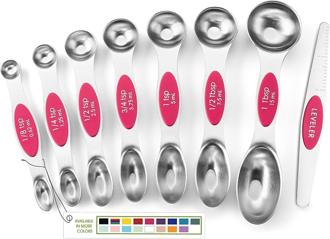 Spring Chef Dual Sided Magnetic Measuring Spoons Set of 8 for Kitchen, Pink | Stainless Steel Teaspoon & Tablespoon Measuring Spoons with Leveler for Dry & Liquid Ingredients, Nesting, Dishwasher Safe