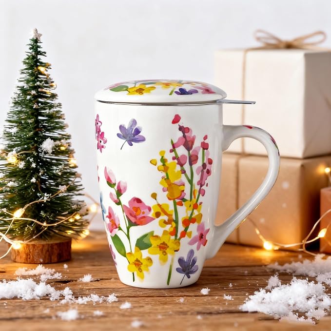 GBhome Tea Mug with Infuser and Lid,18 Ounce Ceramic Loose Leaf Cup Steeper | Lead-Free Glaze For Tea Lovers,Microwave & Dishwasher Safe with Tea Strainer