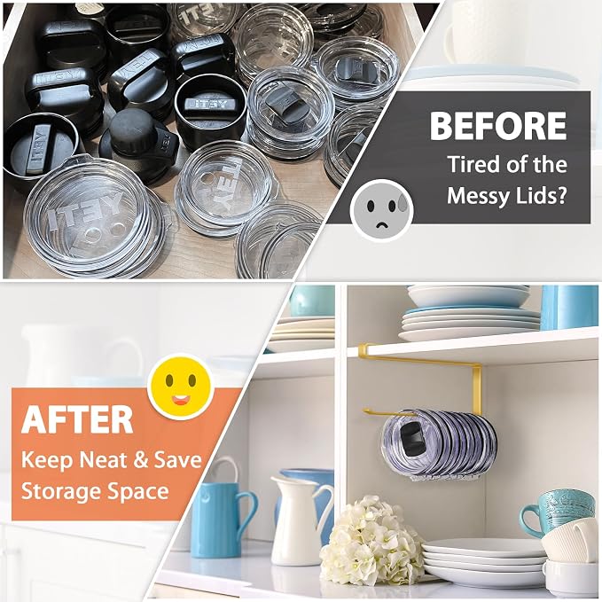 Tumbler Lid Organizer, Versatile Tumbler Lid Storage Holds 10 Lids, Gold | Space Saving Cup Lid Organizers Inside Cabinet Tumbler Lid Hook for Kitchen Organizer and Storage, Paper Towel Rack Hanger