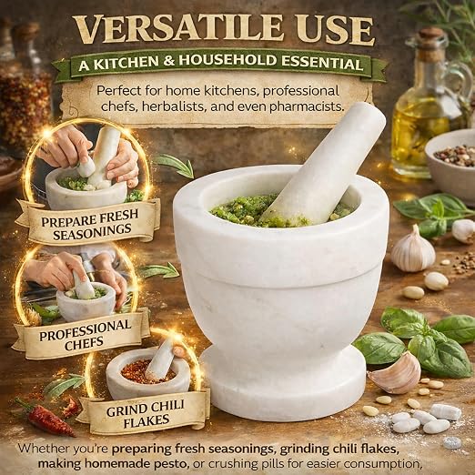 Creative Home Handcrafted 4 inch Mortar and Pestle Solid Marble Grinder for Spices and Herbs Artisan Carved from Yushan Marble Elegant and Durable for Everyday Cooking, 4 Diam. x 4 H Inch