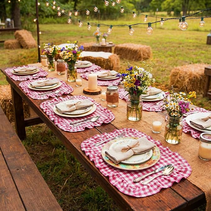 Set of 6 Pink Checkered Placemats Ruffled Rectangle Gingham Table Placemat Fabric Vintage Farmhouse Retro Pastel Aesthetic Chic Mat for Birthday Garden Picnic Baby Shower Bridal Shower