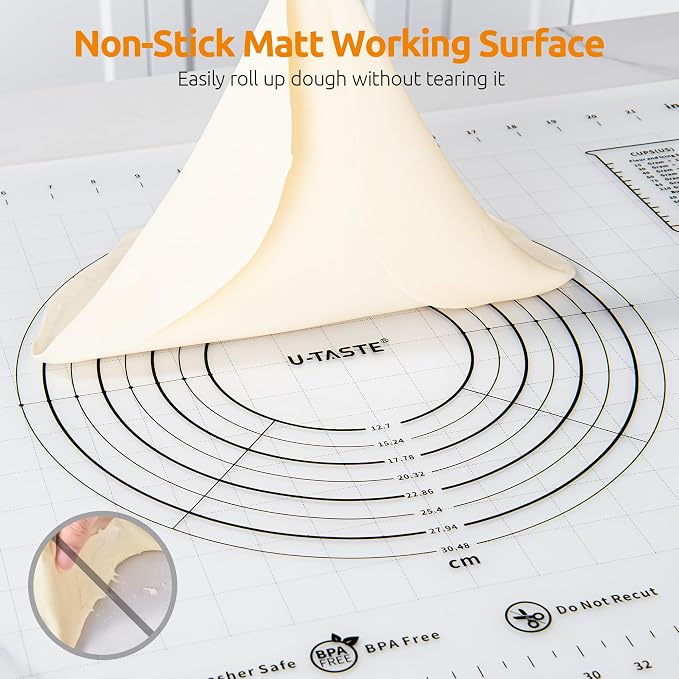U-Taste Silicone Pastry Mat, Dough Rolling Baking Sheet, 28x20"/Transparent | Food-Grade Liquid Silicone, Non-Stick Non-Slip, Baking Supplies for Pizza Cookie Pie Crust, Clear Measurement & Raised Edges