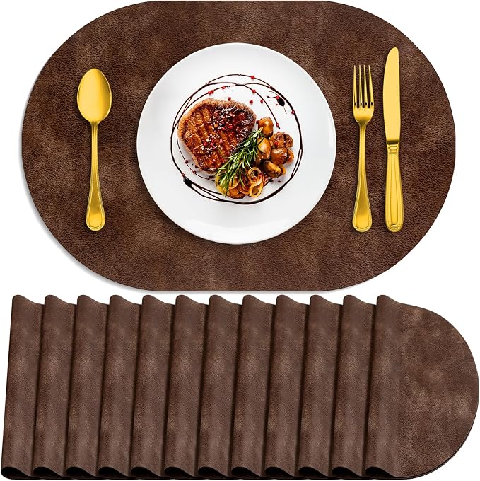 ADRIMER Placemats, Heat Resistant Oval Placemats Set of 12 Washable 12 x 17 Inch, Waterproof Table Mats, Wipeable Pu Place Mats for Kitchen, Dining Room, Brown