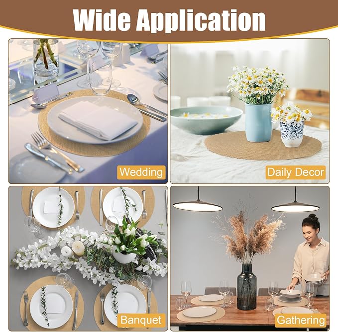 Aneco 100 Pieces Round Burlap Placemats 11.8 Inch Reusable Brown Table Mats Heat Resistant Natural Jute Fibers Placemats Burlap Circle Rustic Table Decorations for Dinner Holiday Farmhouse Decor