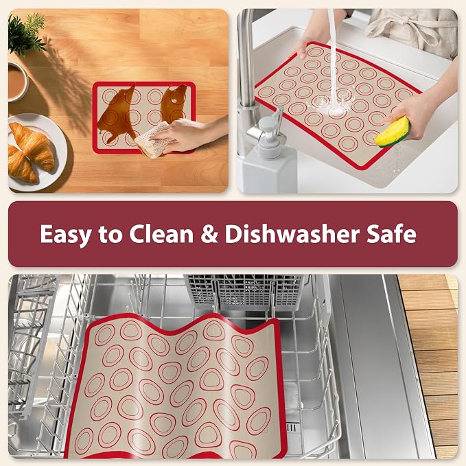 Macaron Silicone Baking Mats, 3 PCS Non Stick Macaroon Mat Silicone for Macarons, Cookie, Pastry, Red