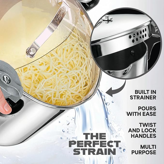GOTHAM STEEL 5 Qt Stainless Steel Stock Pot Multipurpose Pasta Pot | With Strainer Lid + Twist and Lock Handles, Cooking Pot for Soup, Spaghetti, Rice, Induction Compatible, Dishwasher Safe